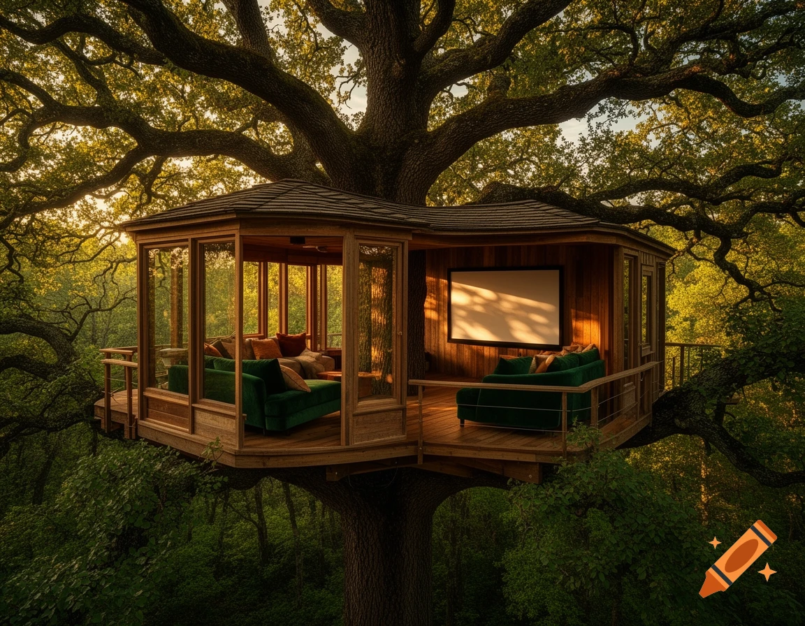 A photorealistic treehouse with large windows, green couches, and a movie screen, nestled high in a lush, sprawling oak tree in a forest.