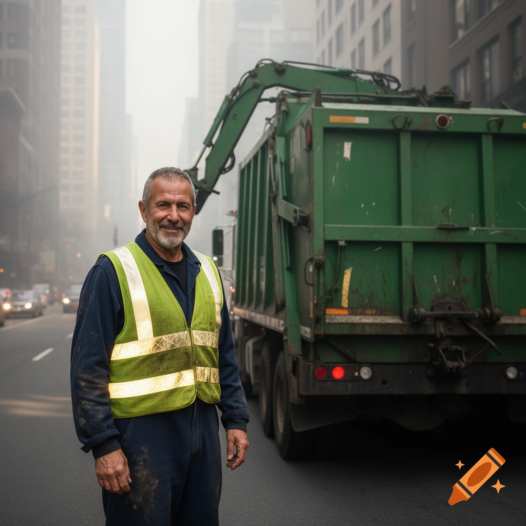 A smiling garbage truck driver in a reflective vest stands in front of his green truck on a city street.