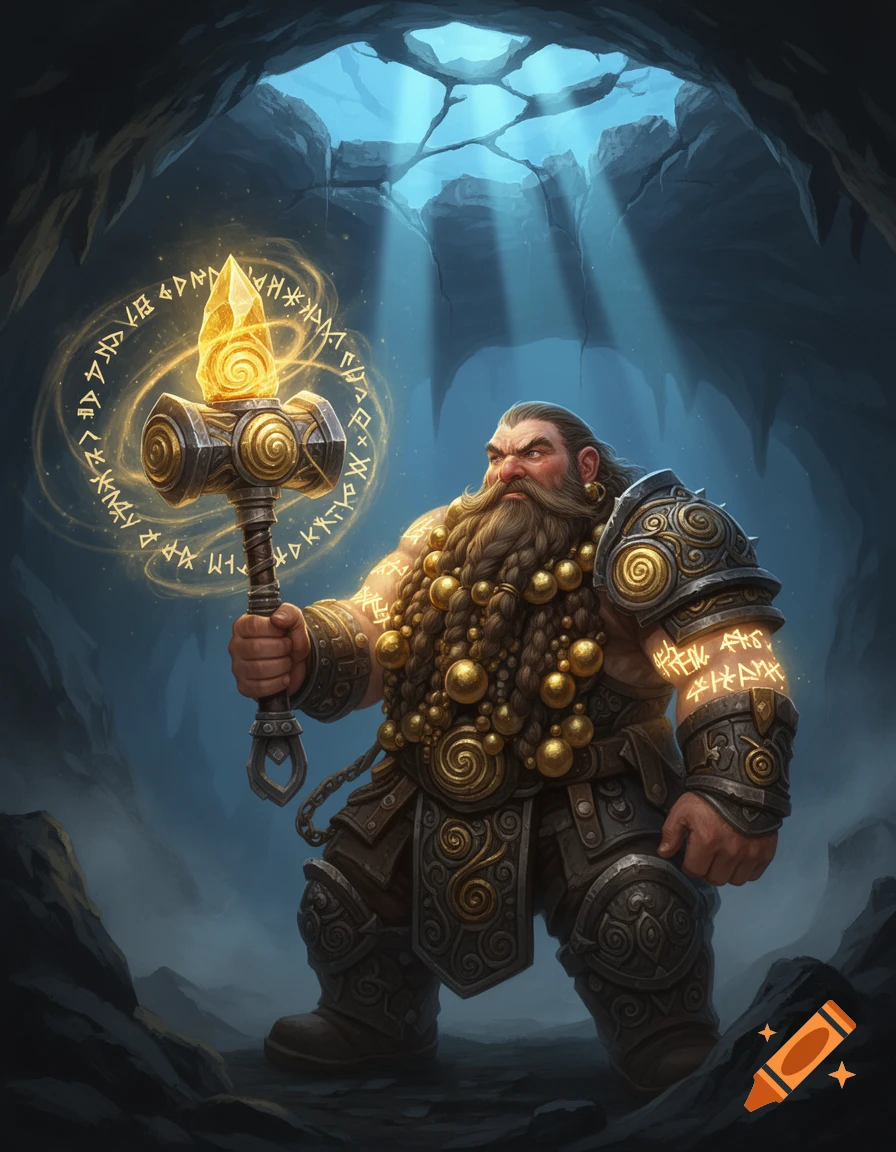 A fantasy dwarf with a braided beard and glowing rune tattoos holds a magical warhammer with a glowing crystal and swirling runes in a dramatic cavern.