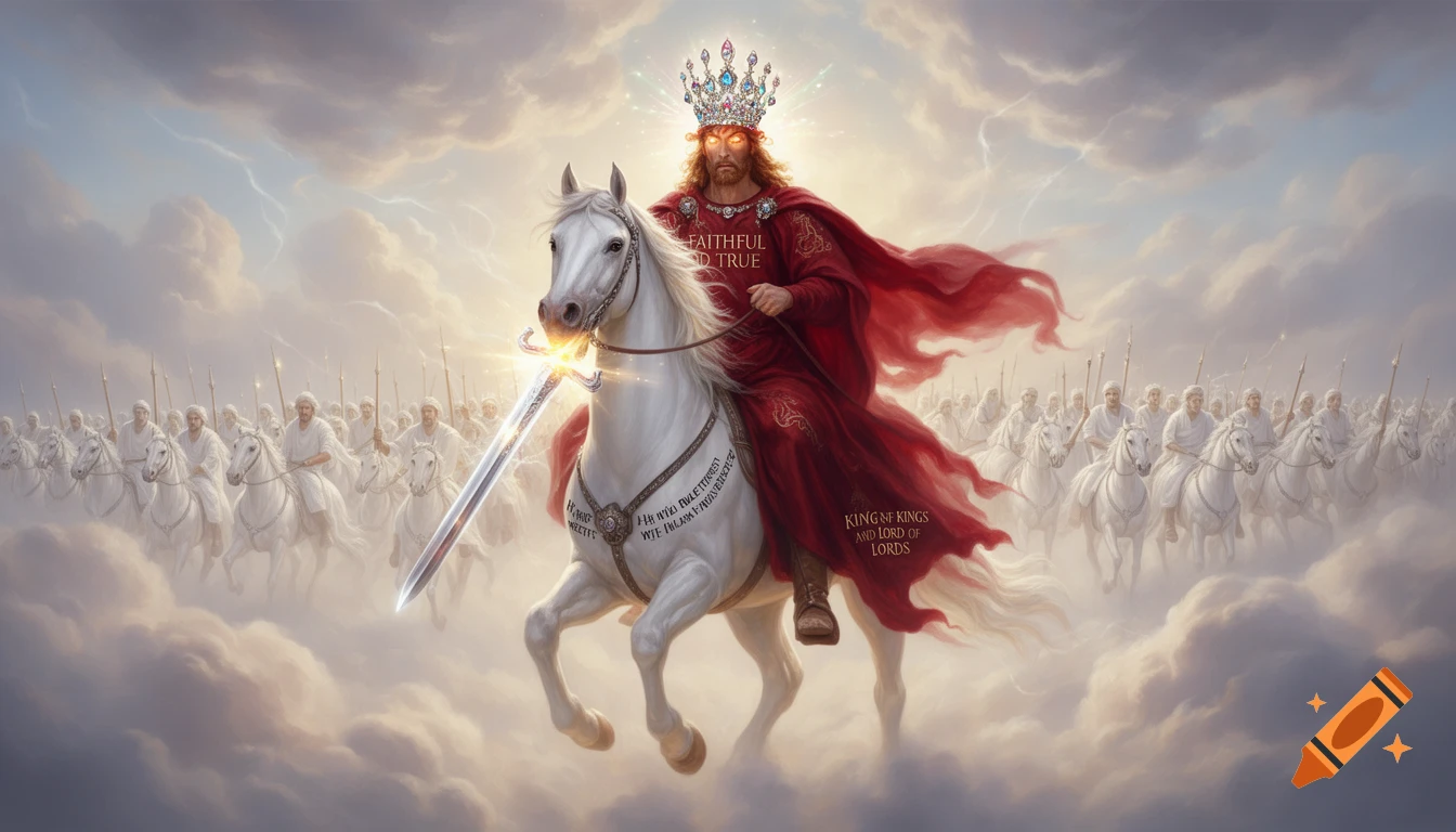 Jesus, wearing a jeweled crown and a red robe, rides a white horse, holding a glowing sword. He leads a vast army of figures on white horses through a cloudy sky.