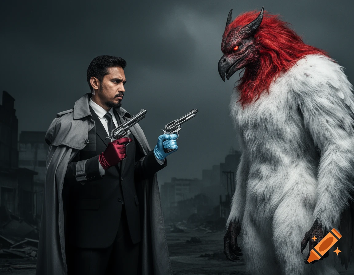 A man in a trench coat and suit, wearing red and blue gloves, holds two revolvers facing a large, white-furred demonic harpy with a red mane, under a dark sky in a ruined city.