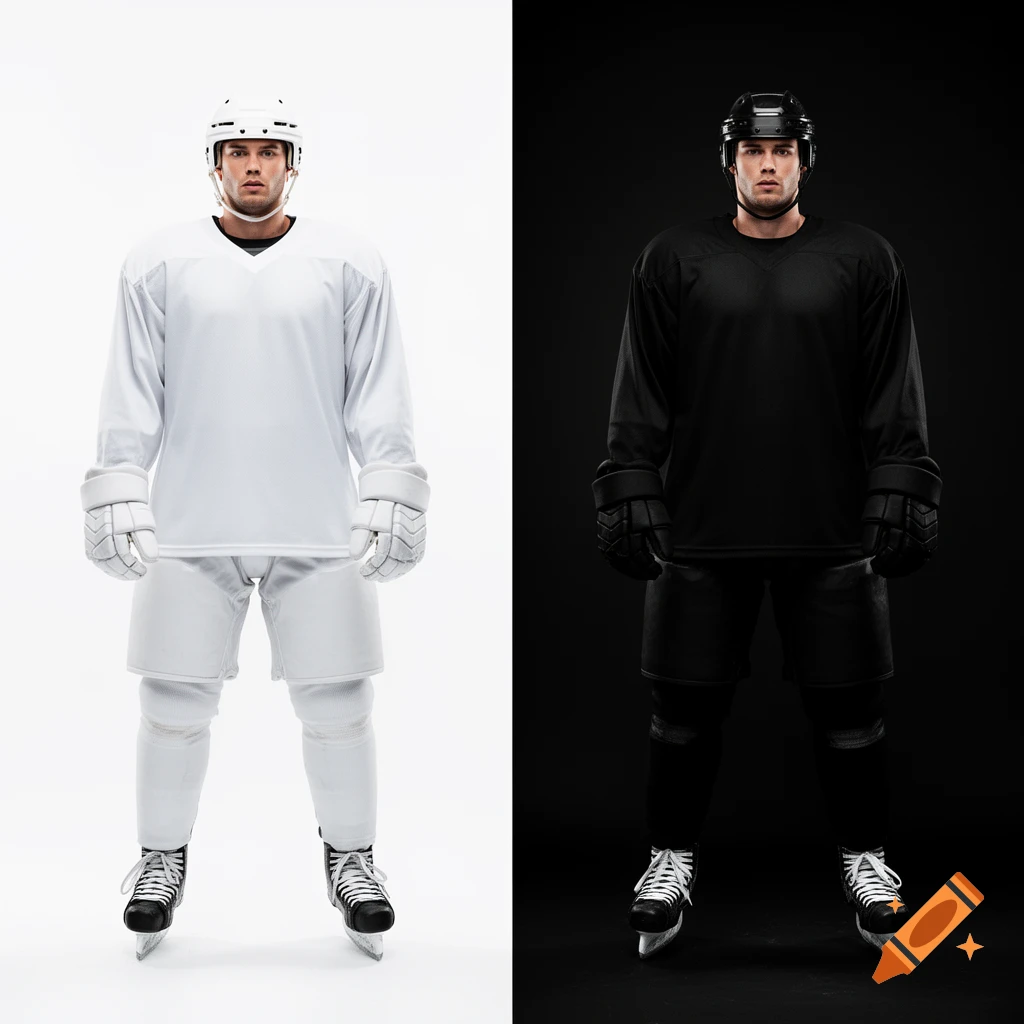 Two detailed realistic ice hockey players, one in a white uniform on a white background and one in a black uniform on a black background.