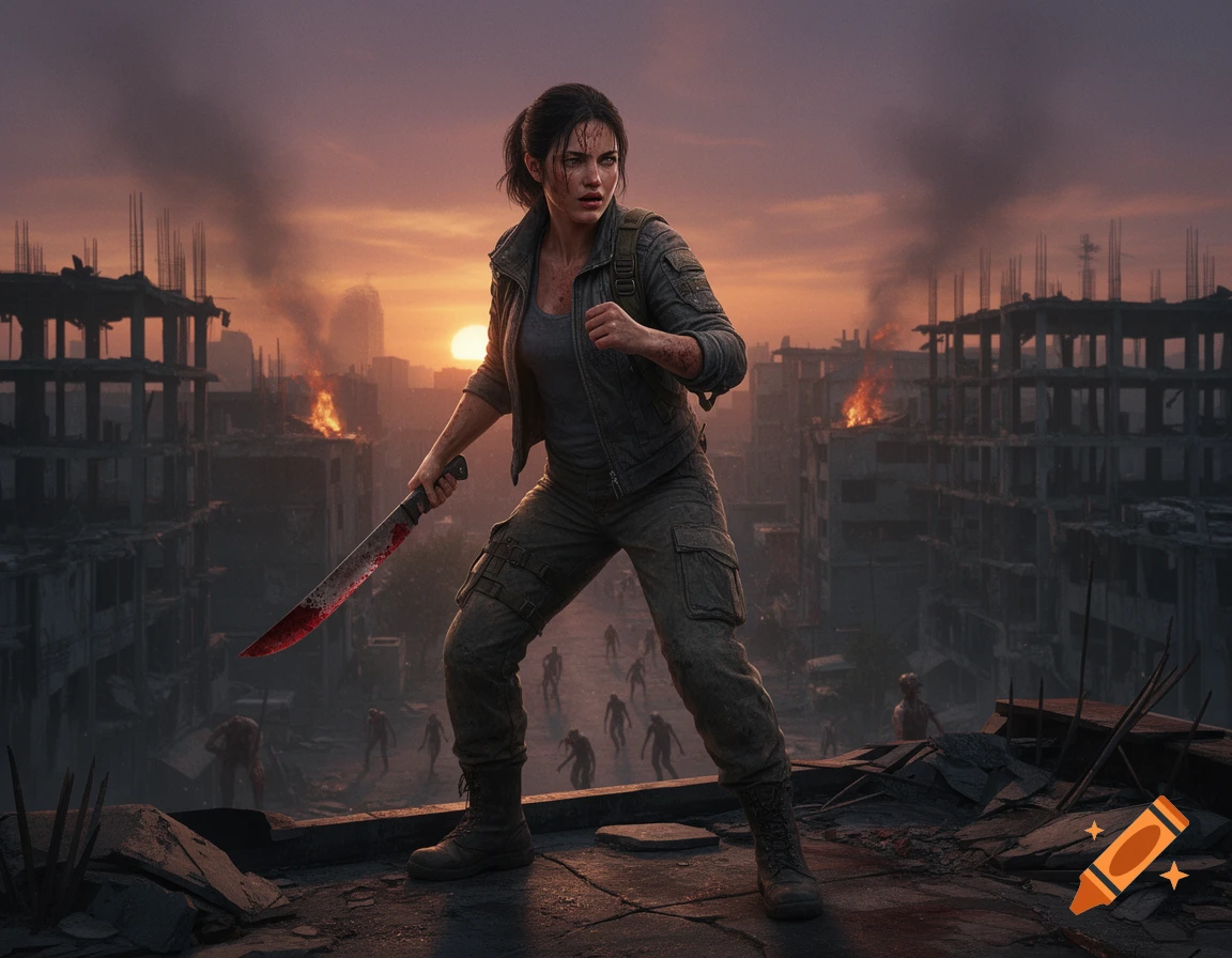 Photorealistic image of a woman with a blood-stained machete on a rooftop, overlooking a ruined city filled with zombies at sunset.