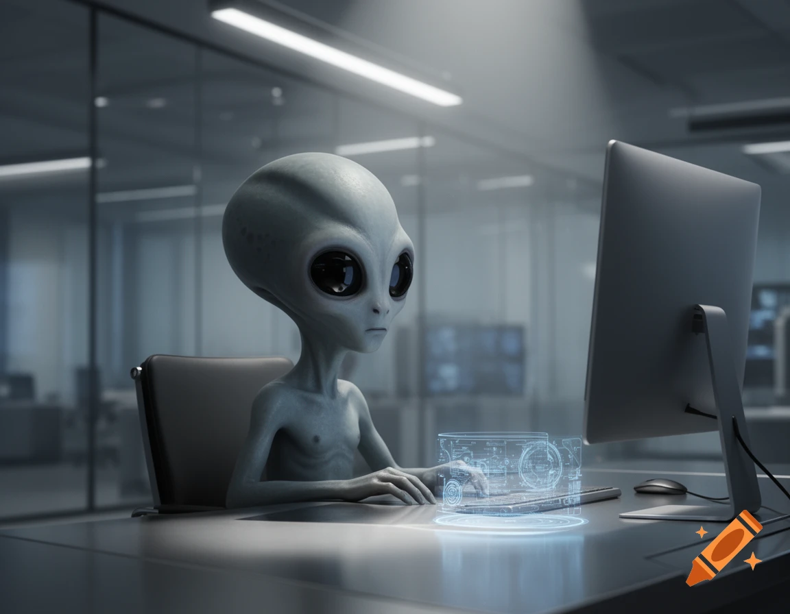 A grey alien with large dark eyes sits at a desk in a modern office, looking at a computer monitor and interacting with a holographic keyboard.