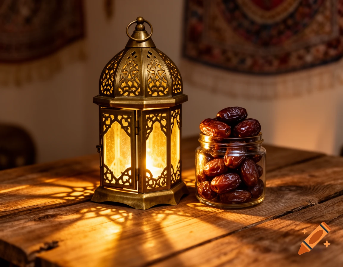 A brass Ramadan lantern with a lit candle and a glass jar full of dates on a wooden table.