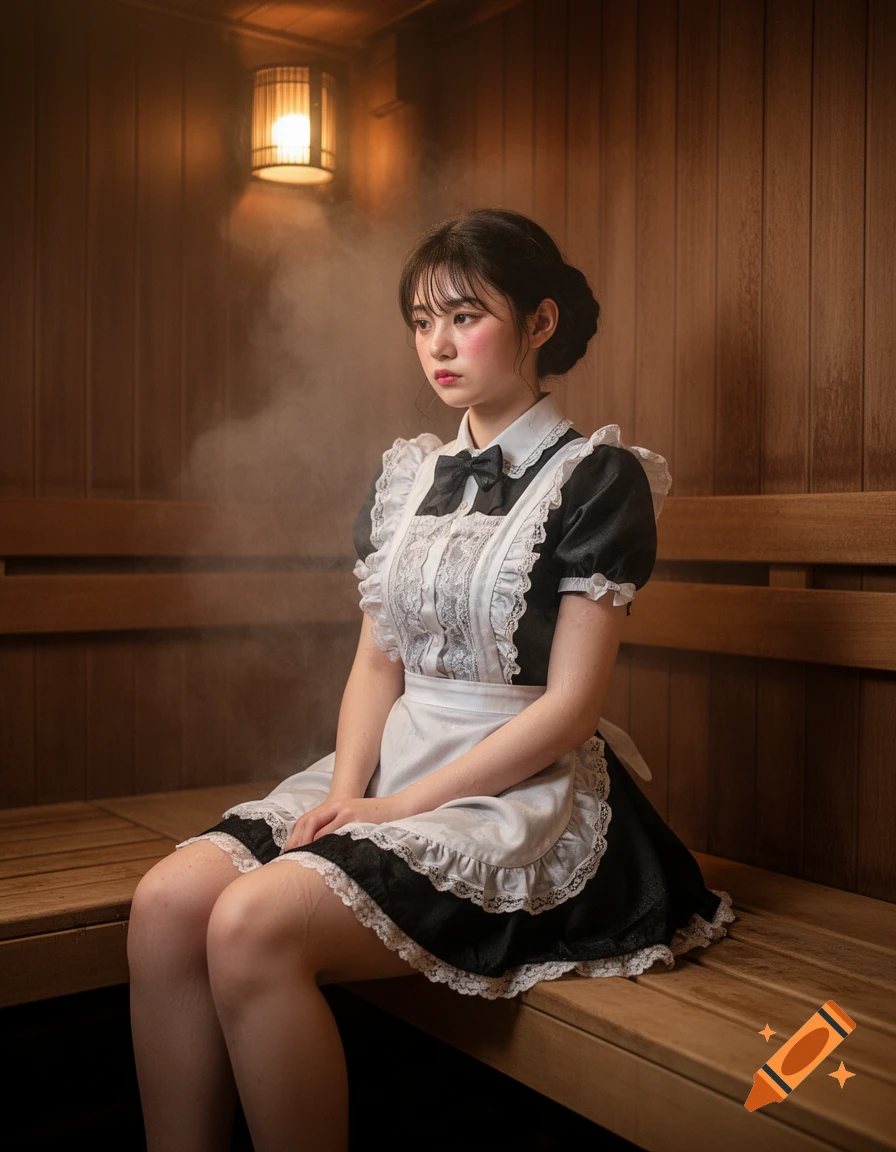 A Japanese maid cafe employee in a black and white uniform sits in a steamy, wooden sauna.