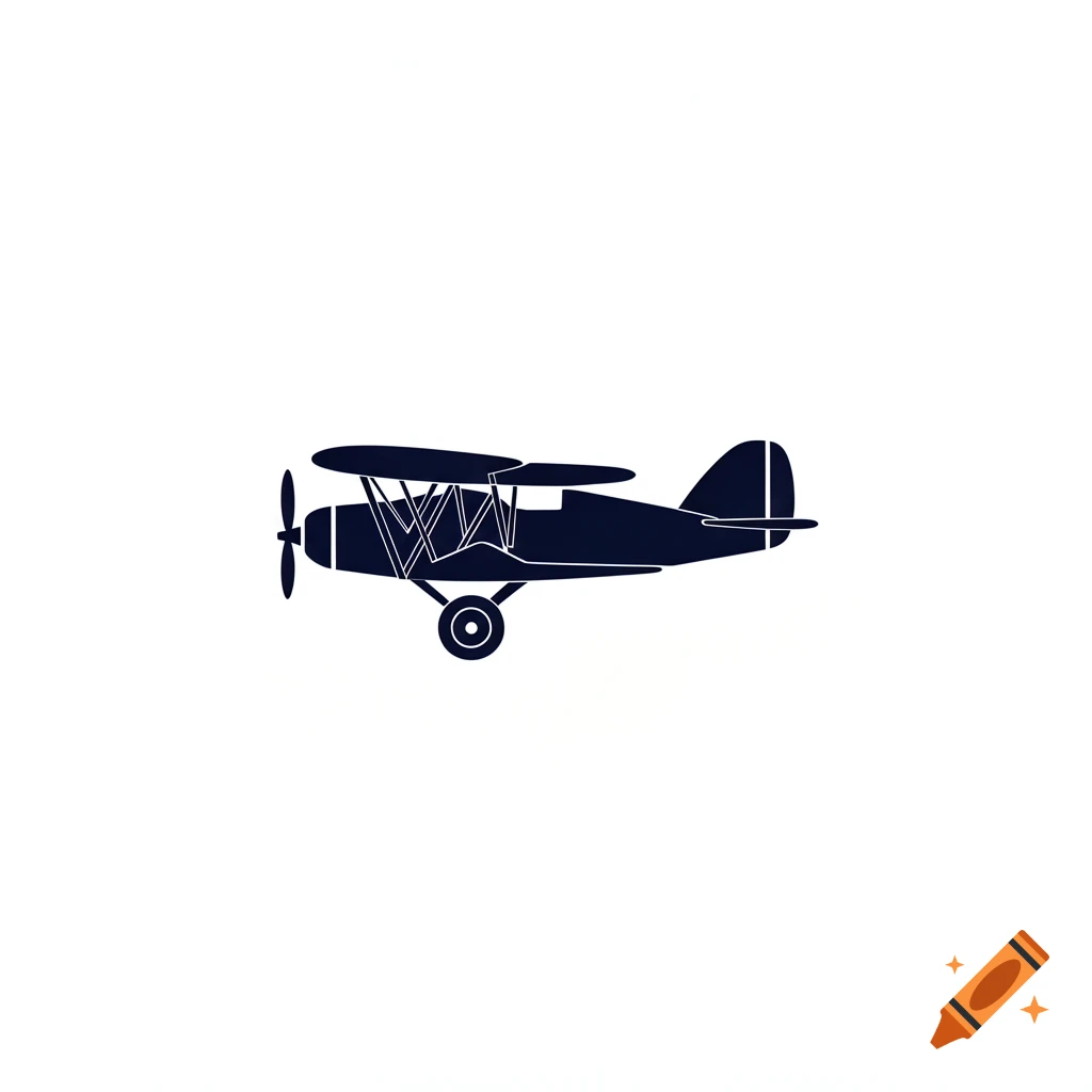 Dark blue pictogram of an old biplane on a white background.