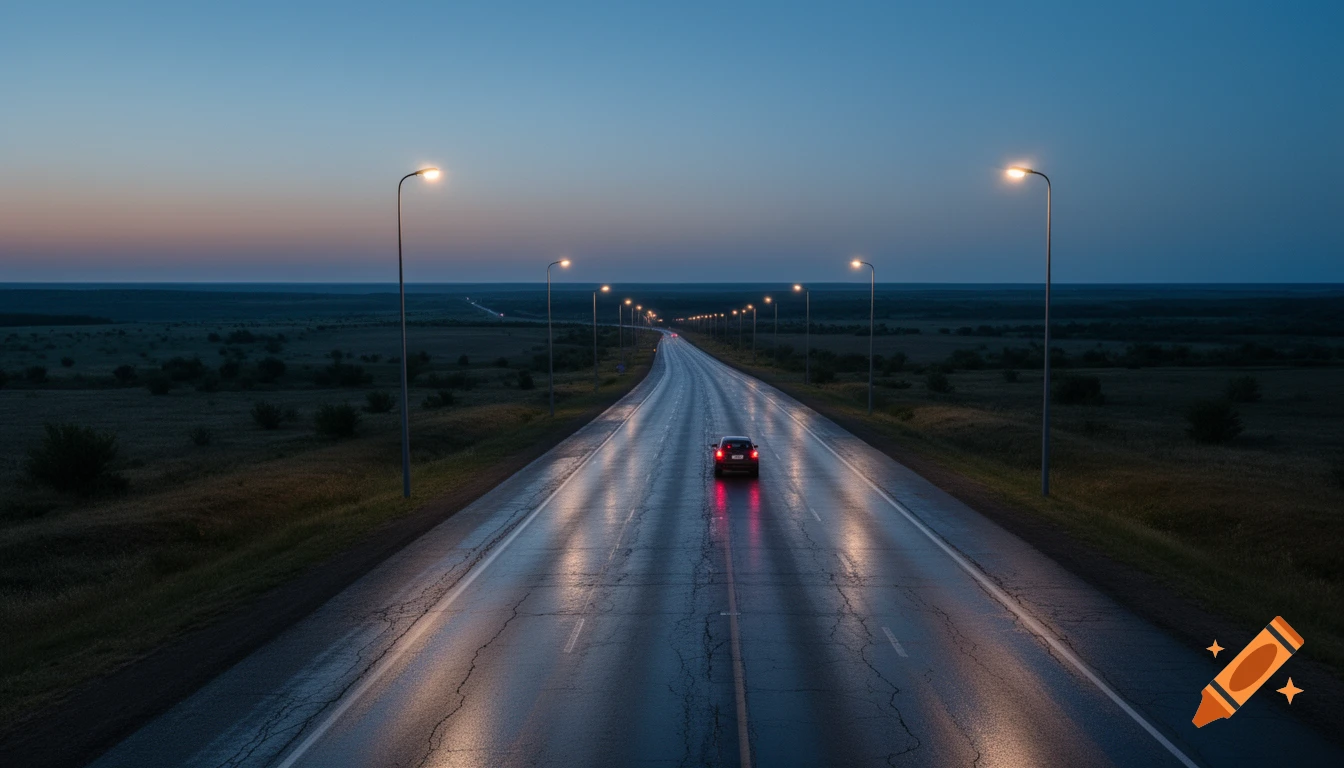 A lone car drives down a wet, reflective highway at dusk, illuminated by a long line of streetlights stretching into the distance.