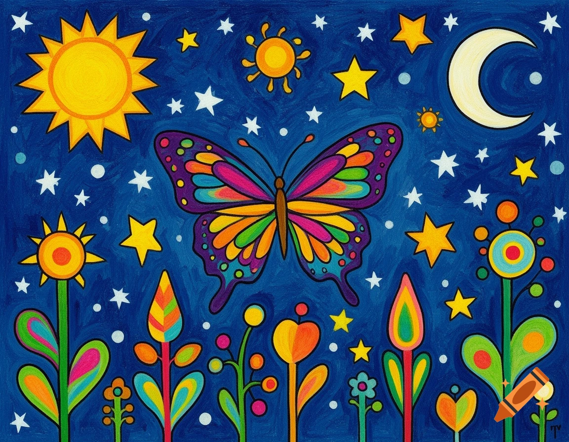Whimsical folk art painting of a colorful butterfly in a night sky with sun, moon, stars, and stylized plants.