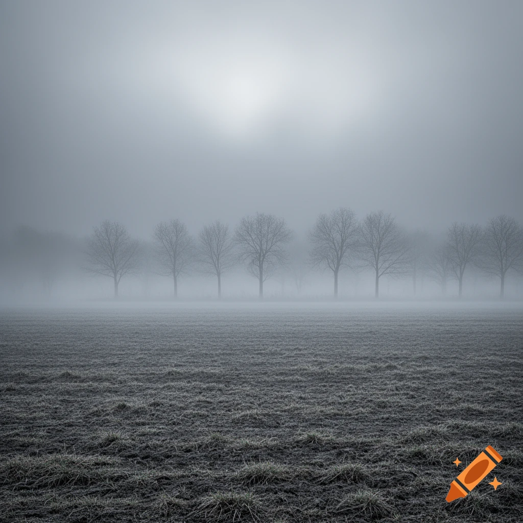A moody, atmospheric photo of bare trees in a misty, frosty field under a bright, hazy sky.