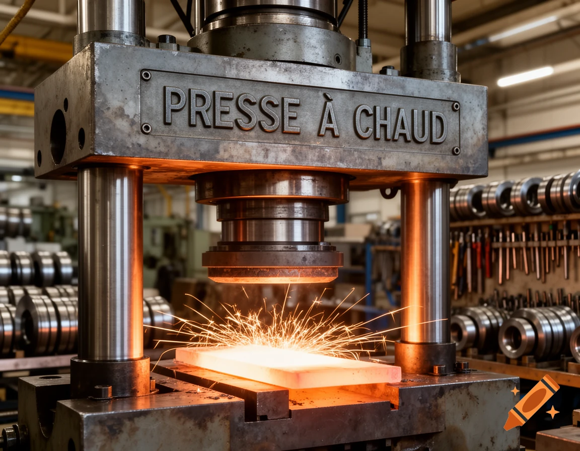 A close-up, photorealistic view of a heavy industrial press working on a glowing hot metal slab, emitting bright sparks in a factory setting.