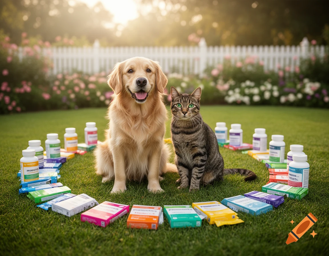 A golden retriever and a tabby cat sit on a green lawn, surrounded by pet supplement bottles and boxes in a garden setting.