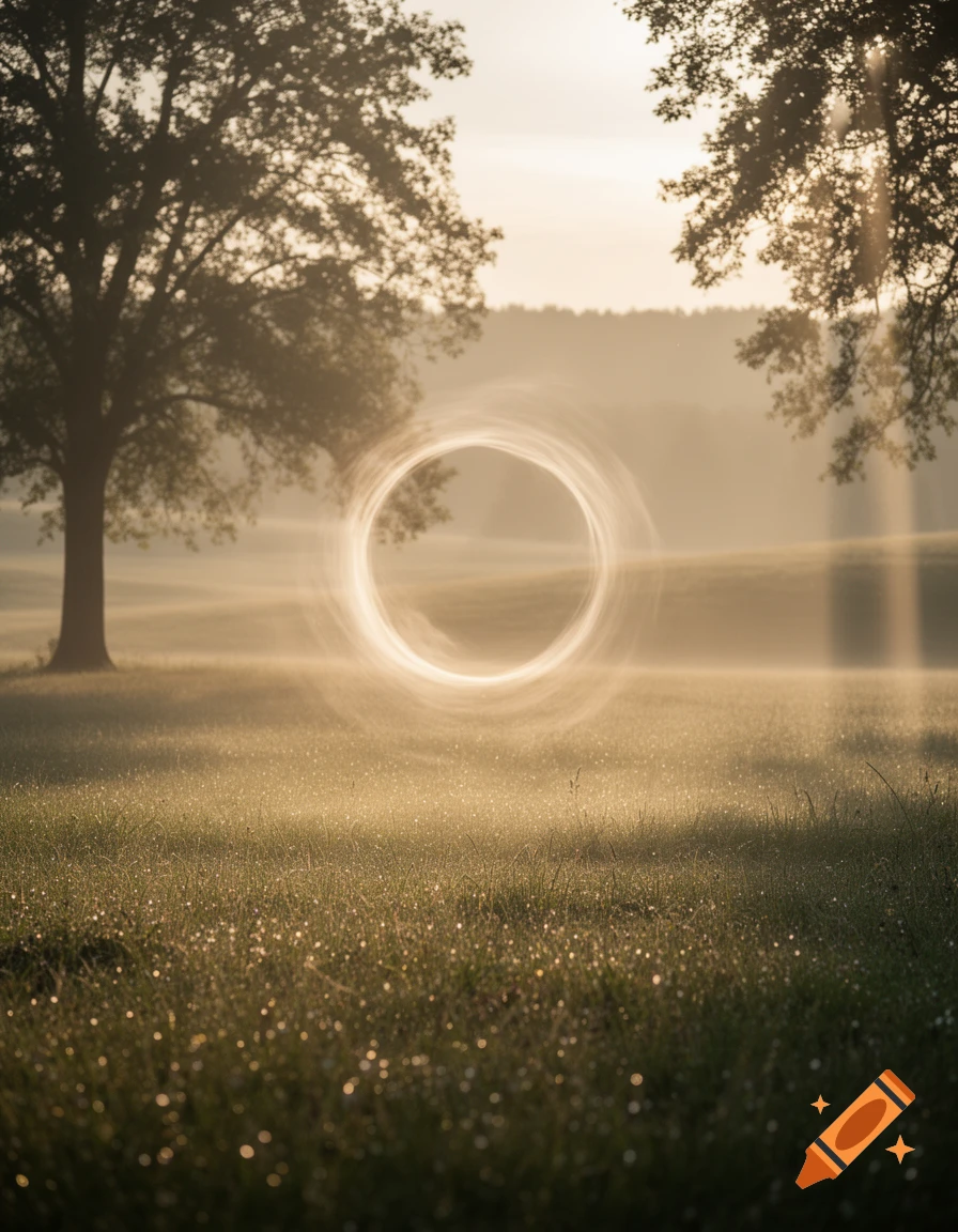 An ethereal glowing ring hovers above a misty, dew-covered field with ...