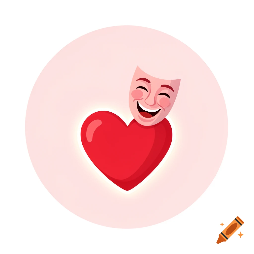 A red heart with a happy theatrical mask overlayed on top, set within a light pink circle, in an illustrative style.