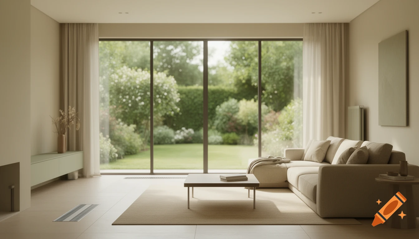 A modern living room with a beige sofa, coffee table, and large windows ...