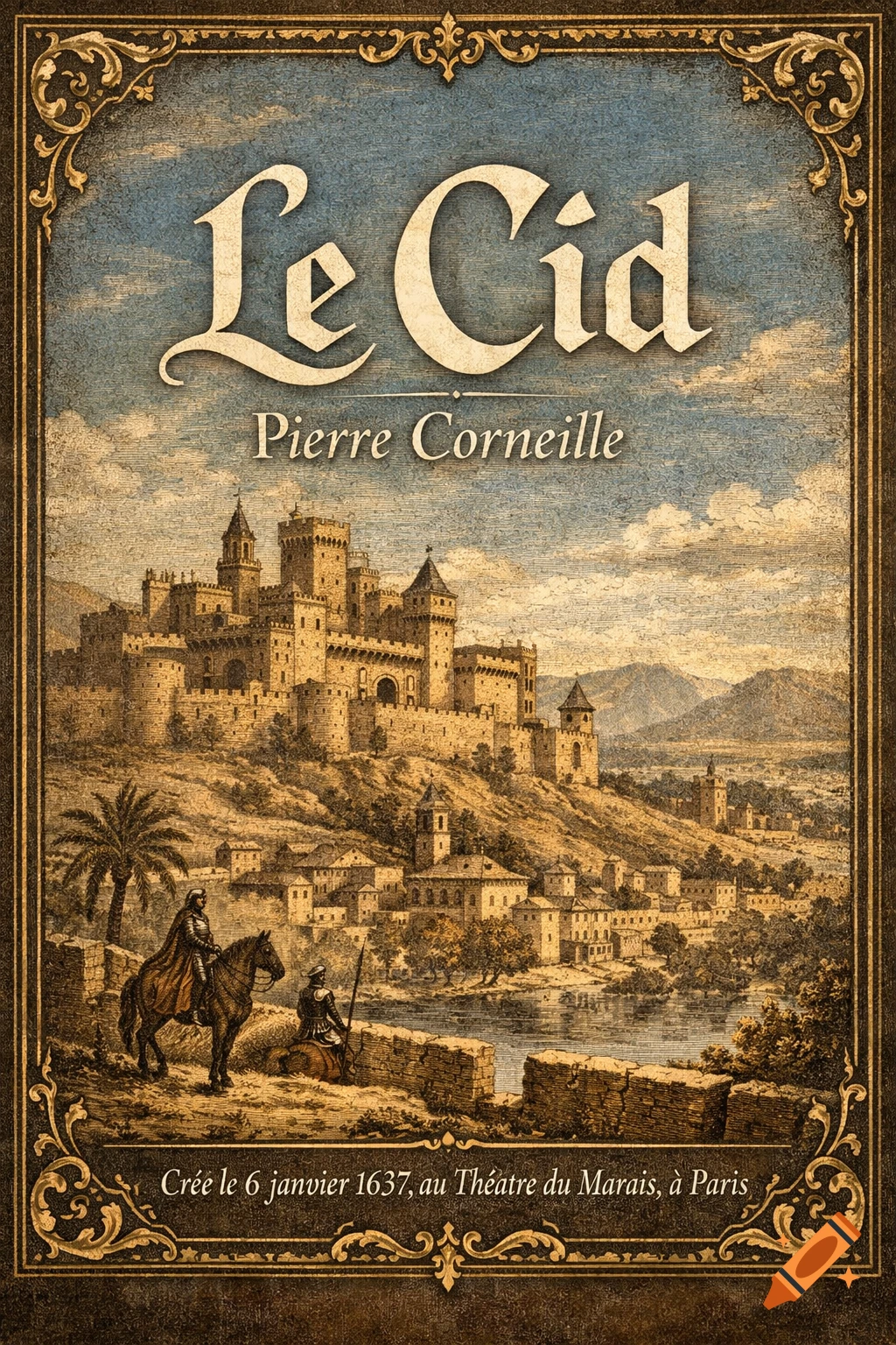 Vintage illustration of a castle and town by a river, with armored figures. Text 'Le Cid Pierre Corneille' and historical performance details.
