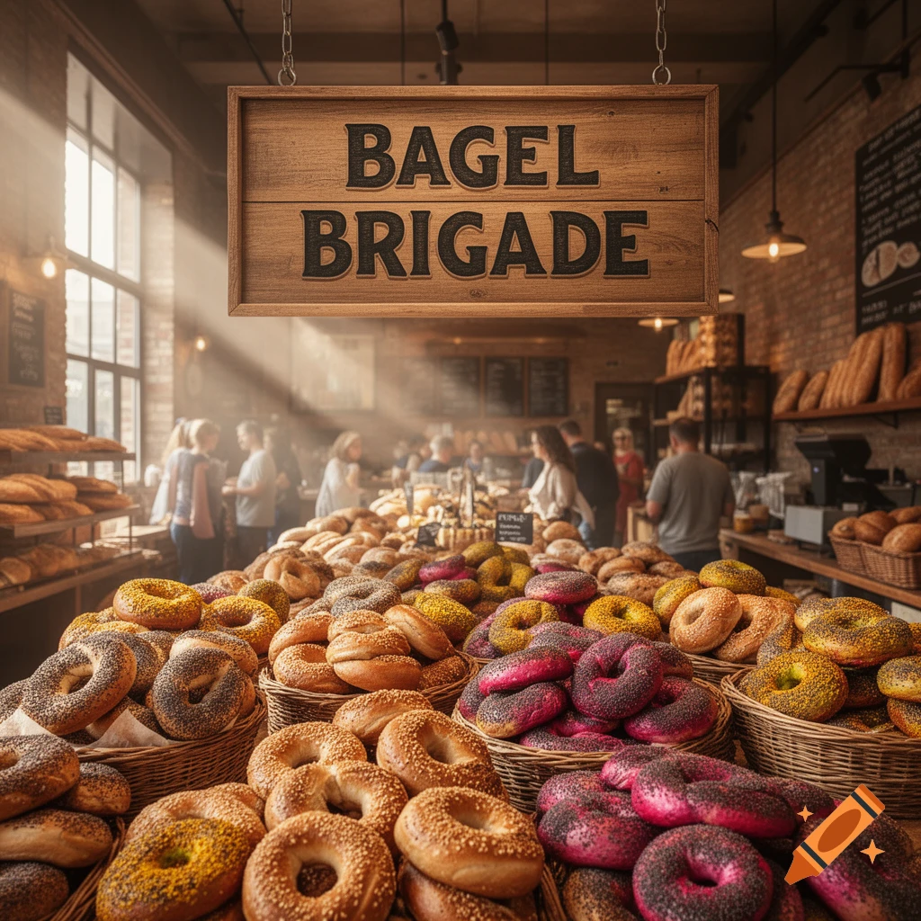 A busy, photorealistic bagel shop with baskets overflowing with various colorful bagels under a 'BAGEL BRIGADE' sign.