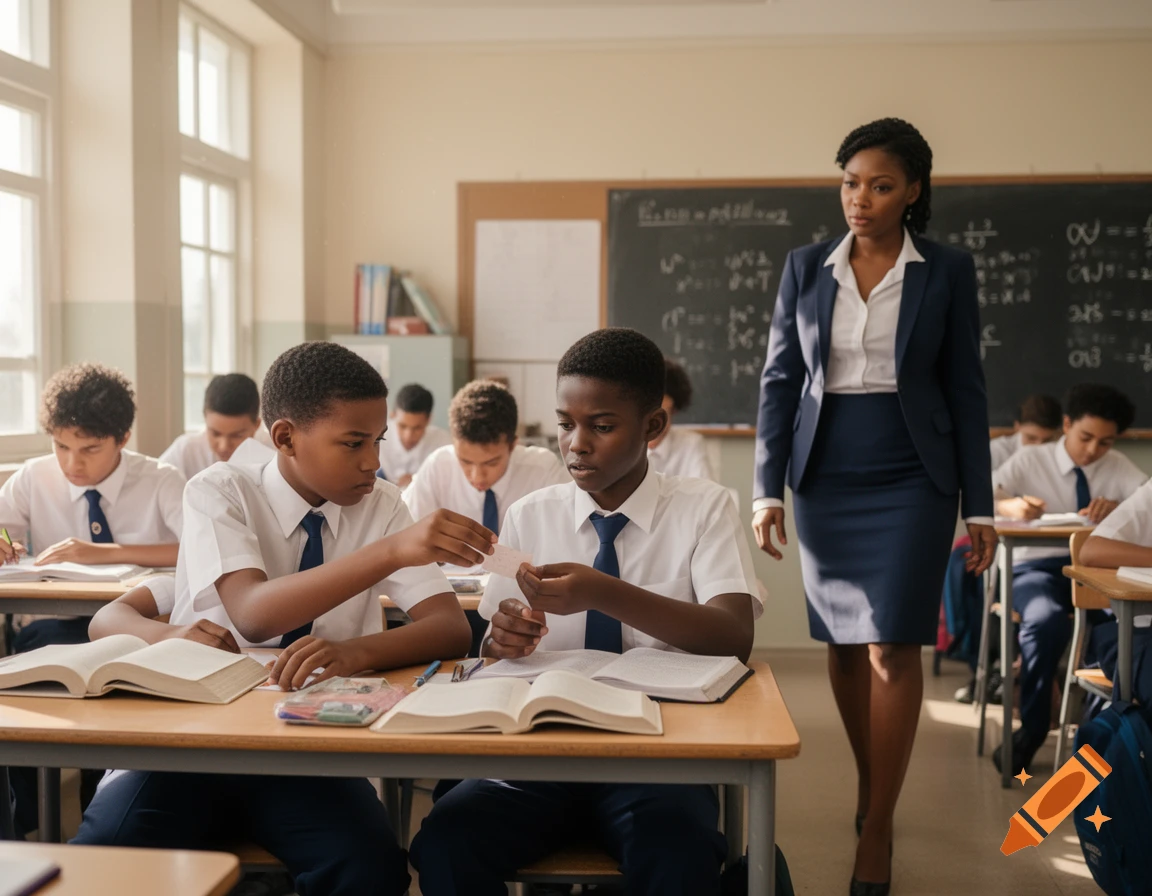 A teacher in a blue suit walks between desks where two male students in white shirts and blue ties covertly exchange a note during a test in a bright classroom.