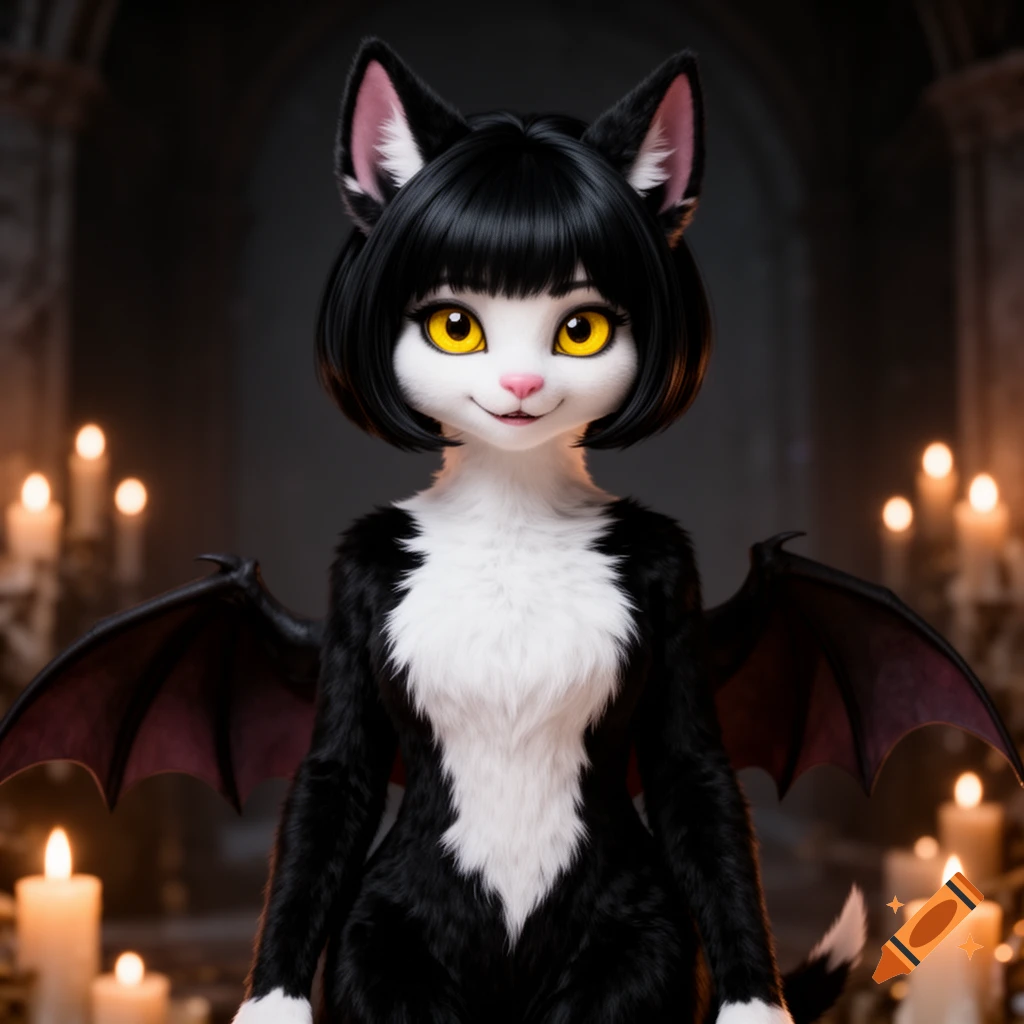 A black and white furry bat-cat character with yellow eyes, short black hair, and bat wings, standing in a dark, candlelit room.