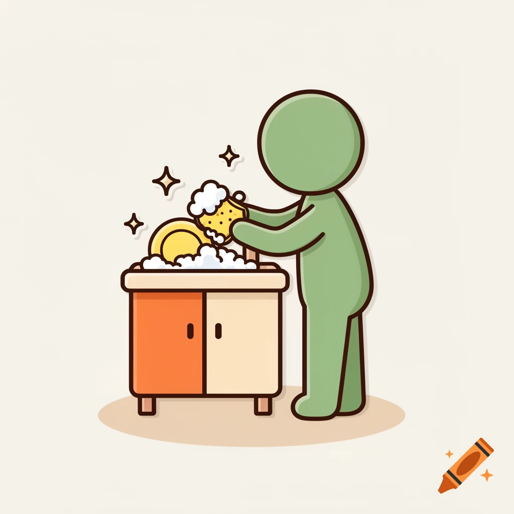 A cute, simple flat vector illustration of a green faceless humanoid washing dishes at an orange and beige sink with a yellow sponge.