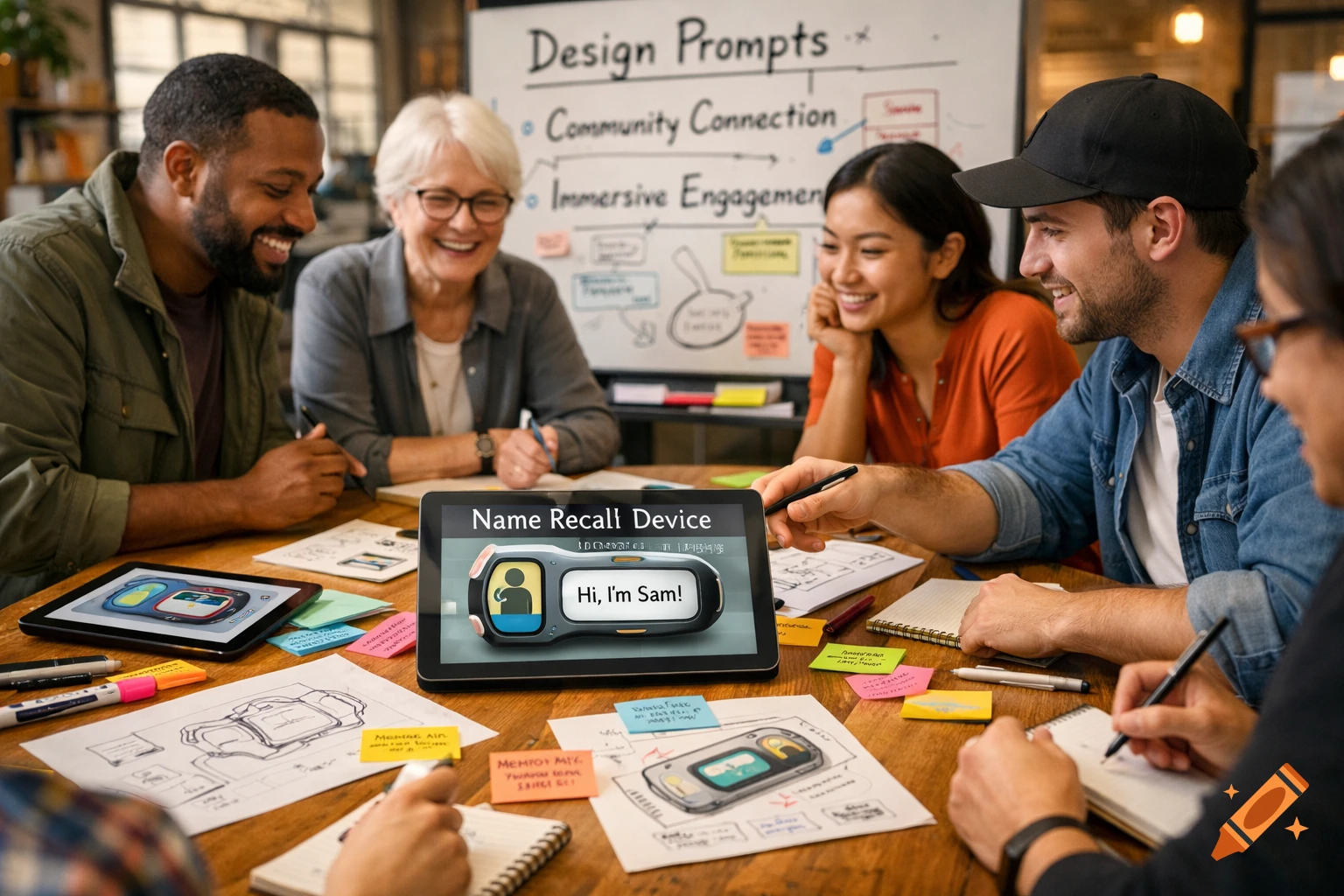 Diverse group of smiling people collaborating around a table with design sketches and a tablet displaying a 'Name Recall Device'.