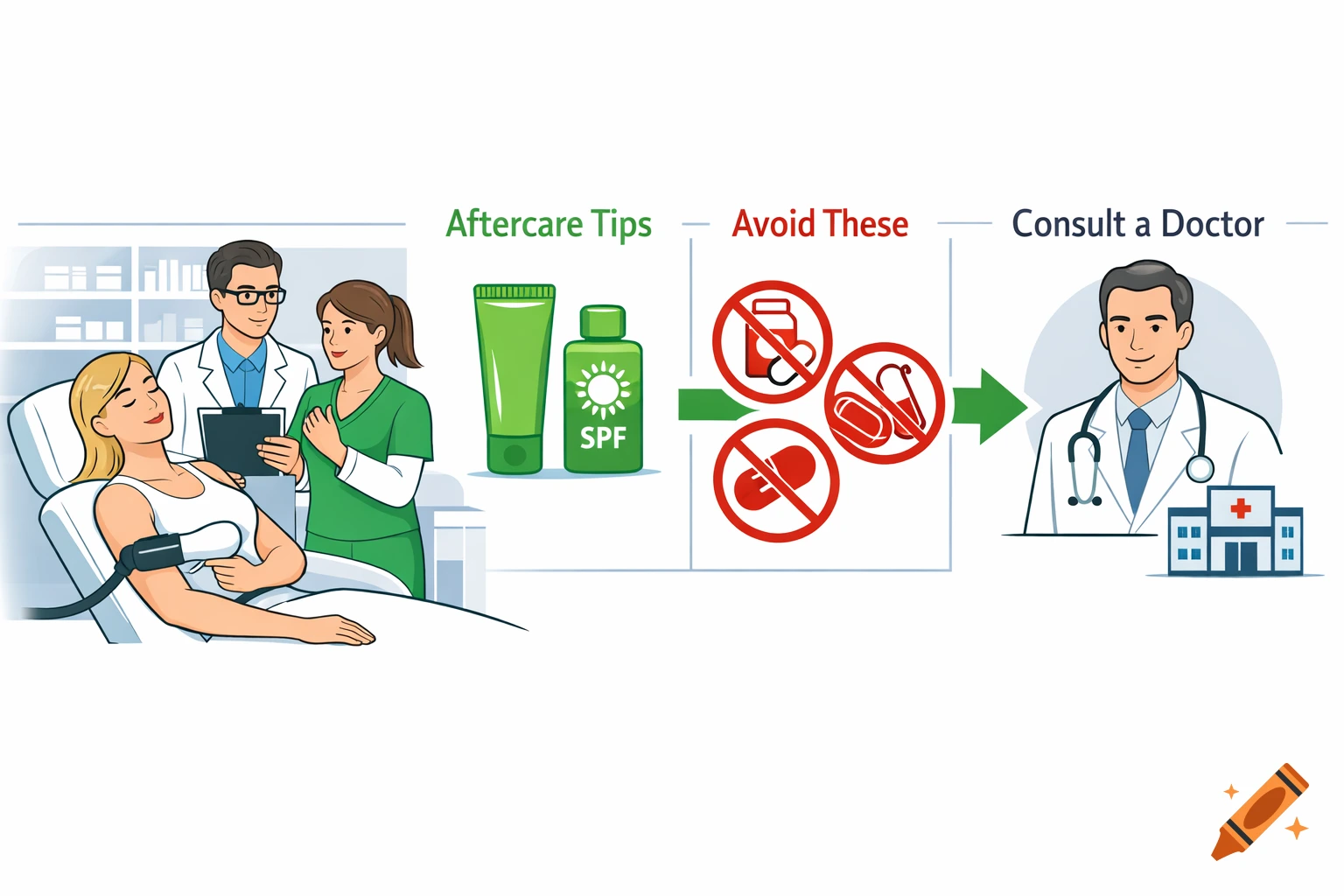 Scientific illustration of a patient getting laser treatment, advised by medical staff. Aftercare tips, avoidances, and doctor referral are depicted.