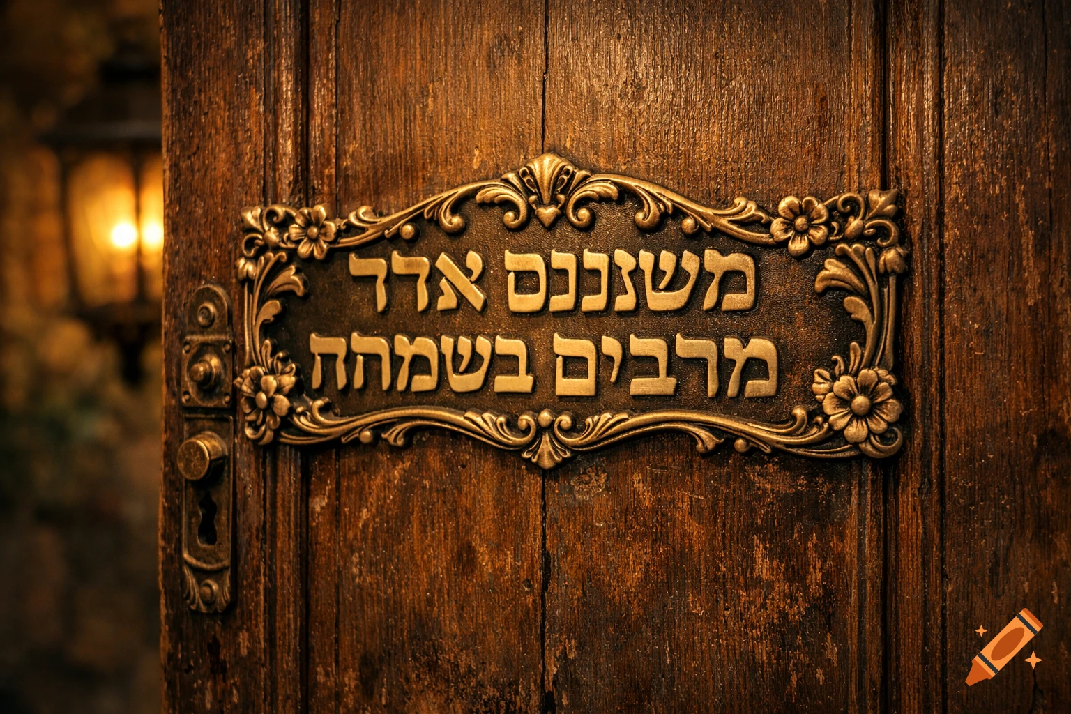 Photorealistic close-up of a decorative bronze sign with Hebrew text on a rustic wooden door, with a glowing lantern in the background.