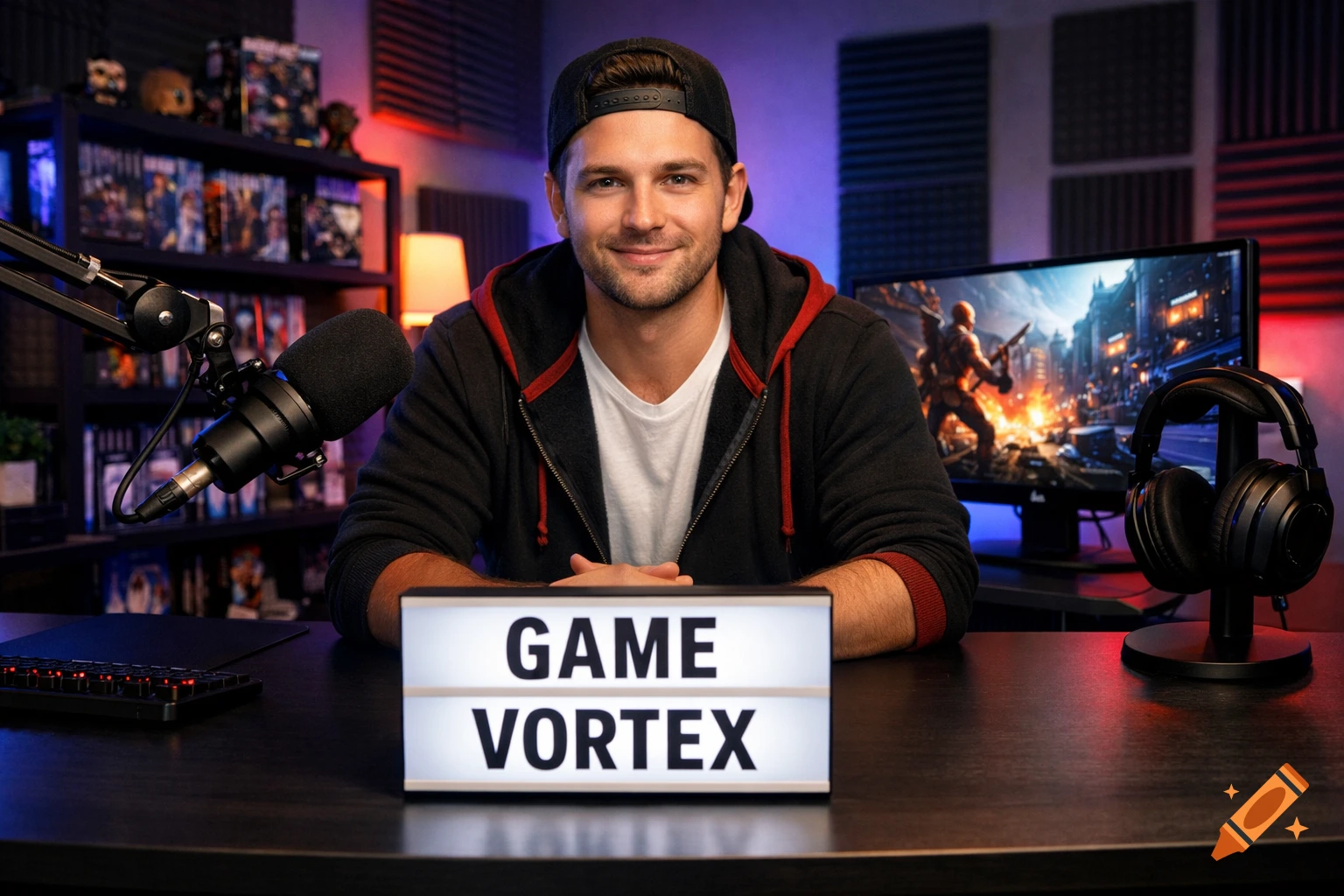 Smiling man in a gaming room sitting at a desk with a microphone, monitor, headphones, and a 'GAME VORTEX' sign.