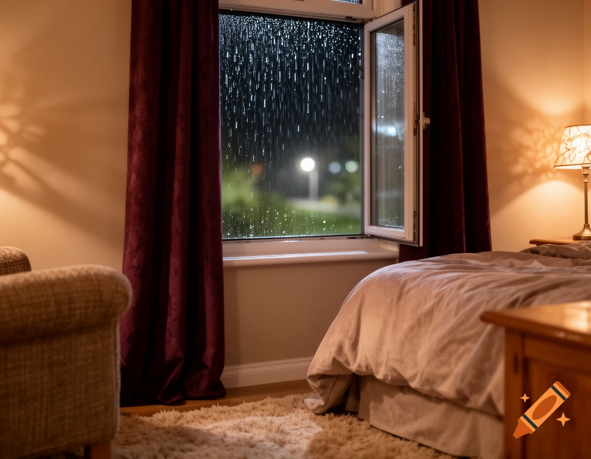 Rain falls on an open window in a cozy bedroom at night, with warm interior lighting.