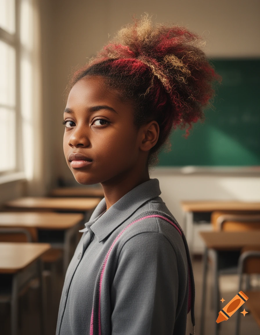 Photorealistic portrait of a young girl with dark skin and a red-blonde afro-ponytail, wearing a grey shirt in a classroom.