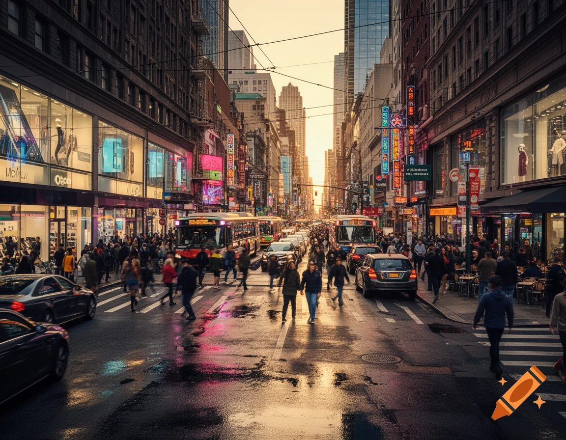 A photorealistic bustling city street scene at dusk, with pedestrians ...