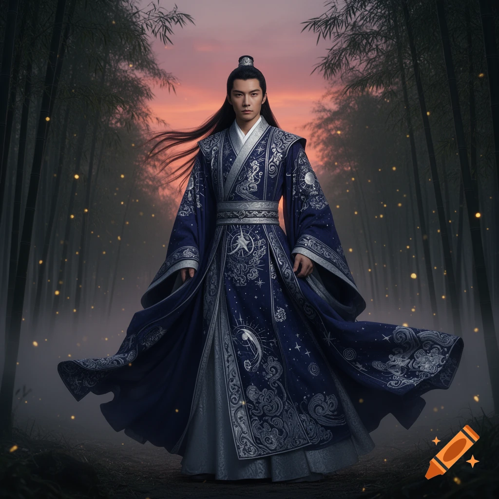 A man in a dark blue, silver-embroidered traditional robe stands in a misty bamboo forest with fireflies at sunset.