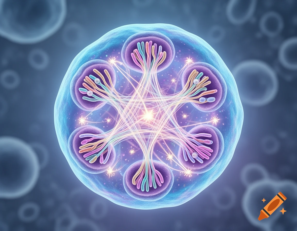 A vibrant, stylized illustration of an animal cell with colorful internal structures and glowing connections, set against a blurry cellular background.