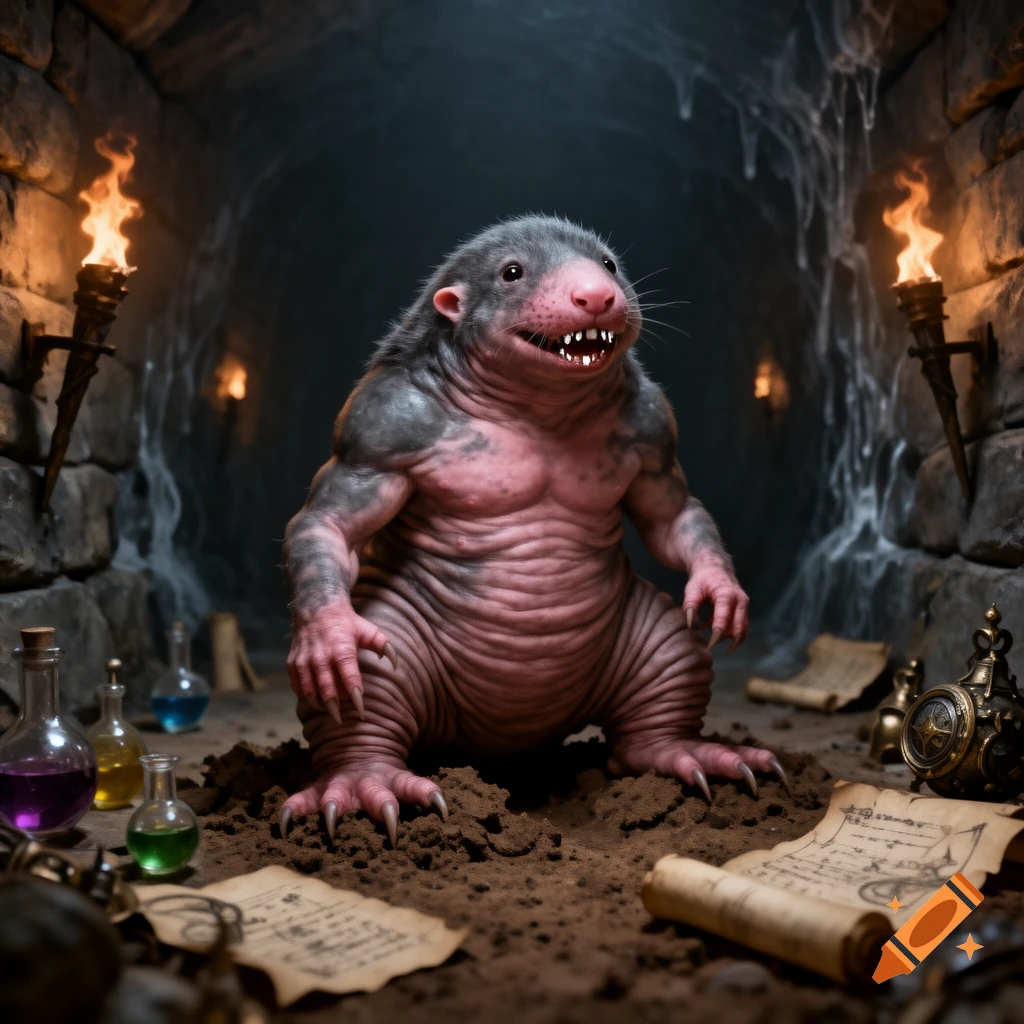 Photorealistic image of a muscular, pink-skinned, gray-furred naked mole-rat creature with sharp teeth, crouching in a dark, torch-lit dungeon.