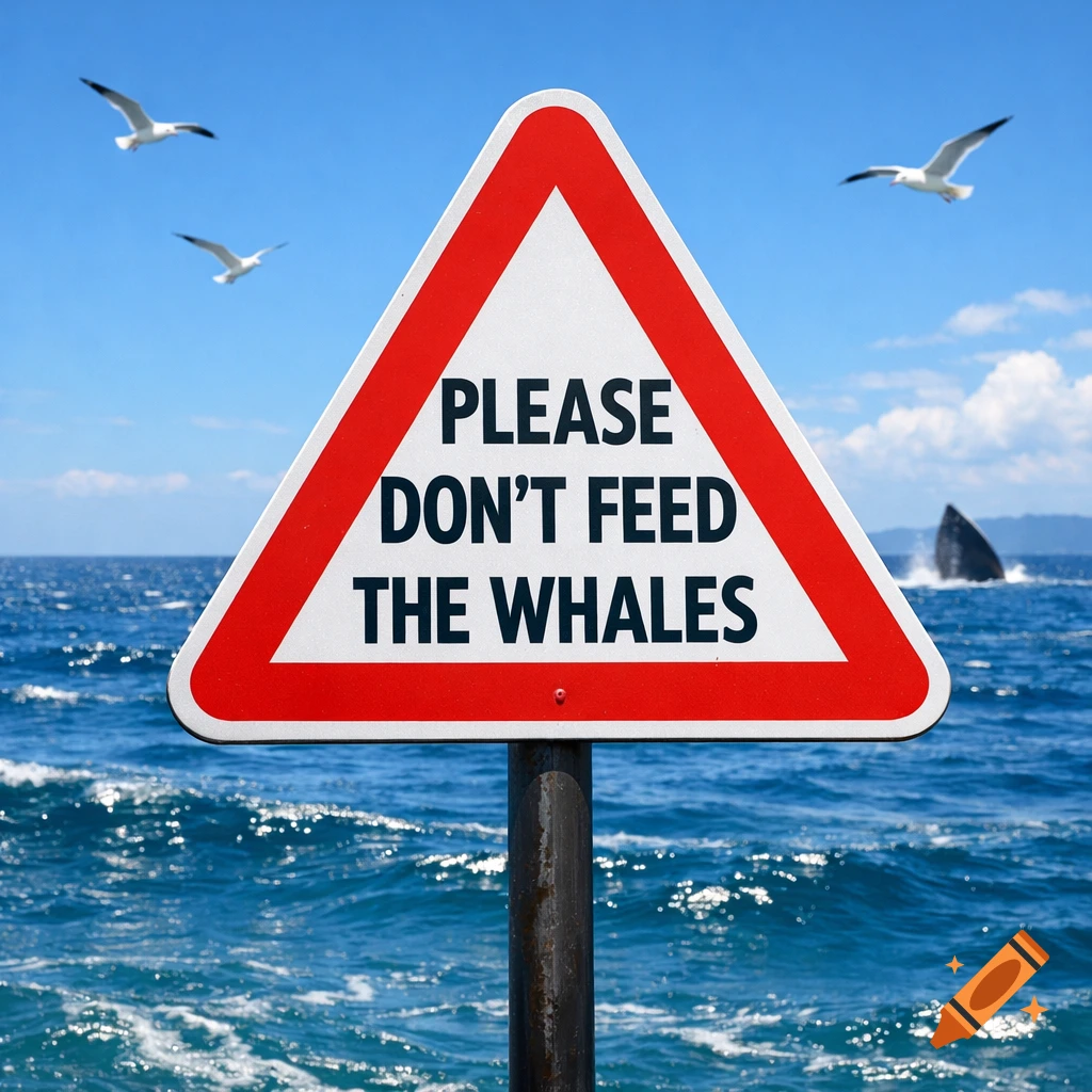 A triangular warning sign reading 'PLEASE DON'T FEED THE WHALES' stands in the ocean, with a whale breaching in the background and seagulls flying under a blue sky.