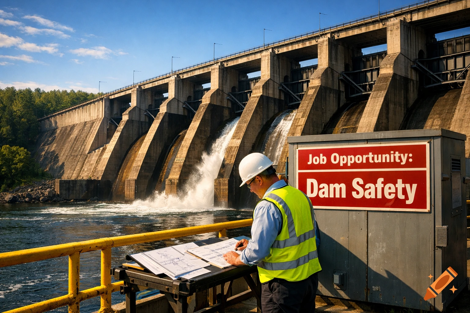 A worker in a hard hat and safety vest inspects documents near a large concrete dam with water flowing through its gates, next to a sign reading 'Job Opportunity: Dam Safety'.
