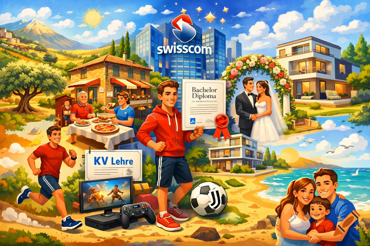 Cartoon illustration of a man's life journey: running, dining at a family restaurant, working at Swisscom, holding a Bachelor diploma, getting married, starting a family, owning a modern home, playing football, and gaming.