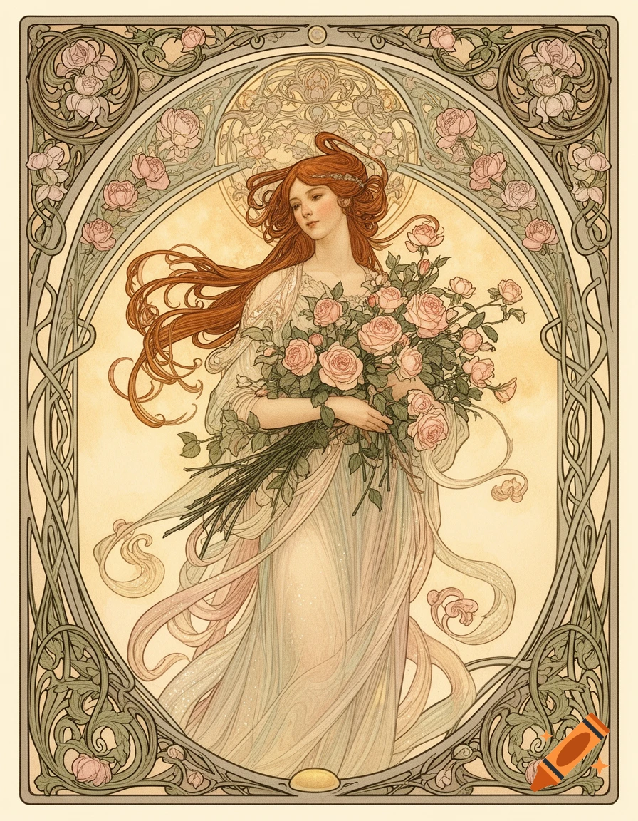 Art Nouveau illustration of a woman with flowing red hair holding pink roses, framed by ornate floral borders.