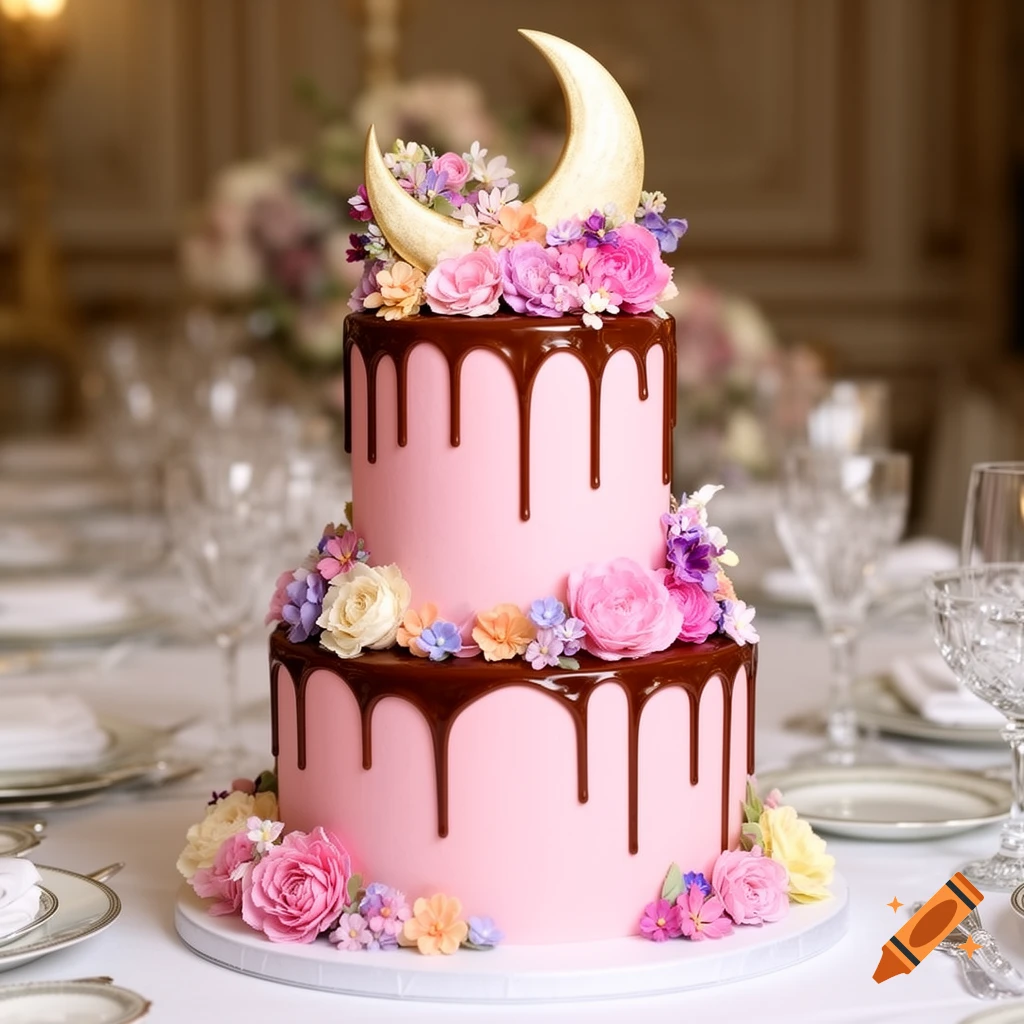 A two-tiered pink cake with chocolate ganache drip, decorated with golden crescent moons and colorful sugar flowers, on a dining table.