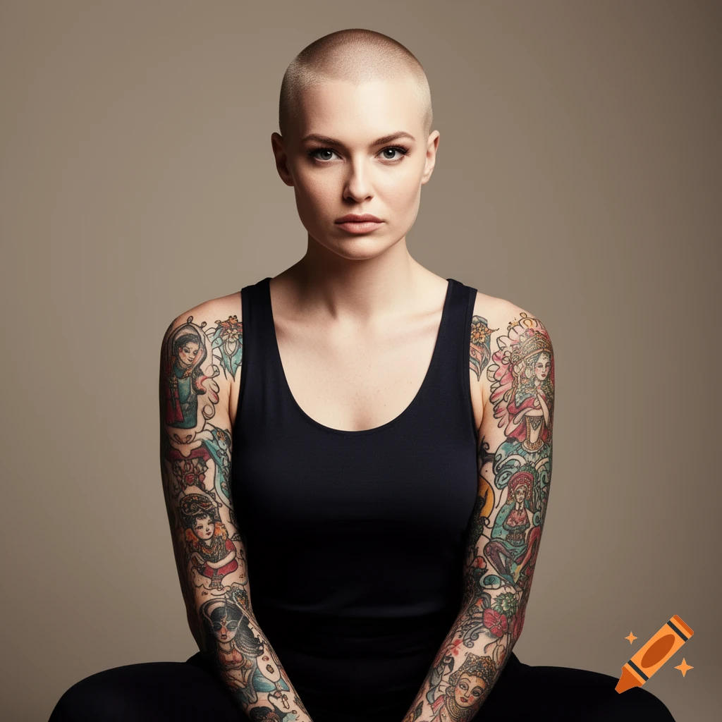 A confident woman with a shaved head and full sleeve tattoos poses in a ...