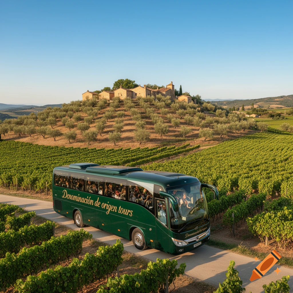 A green tour bus drives through a sunny vineyard landscape with a village on a distant hill under a clear blue sky.