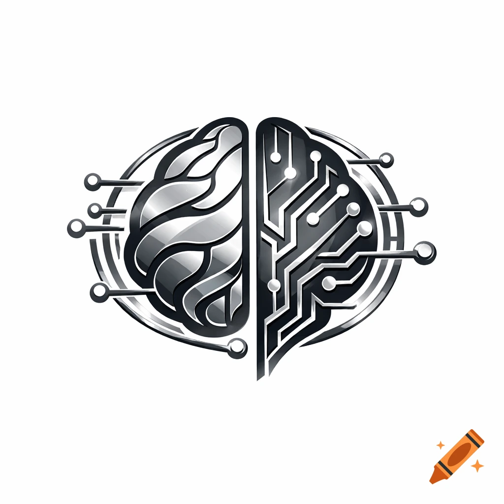 A stylized metallic logo depicting a human brain, with the right hemisphere replaced by a circuit board design.