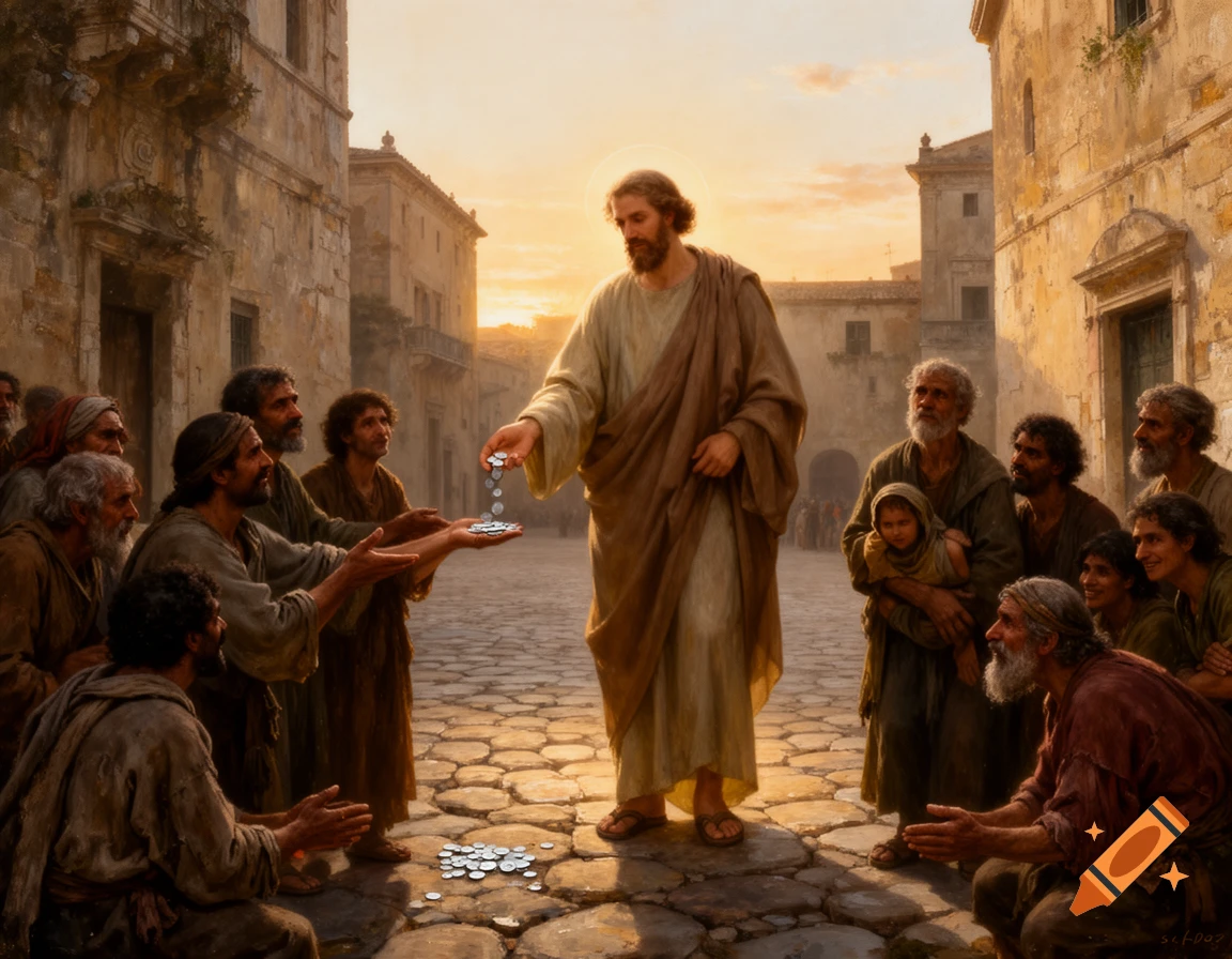 A robed, bearded man with a halo-like glow gives coins to a crowd of poor people on a cobblestone street in a historic town at sunset, painted in a realistic style.