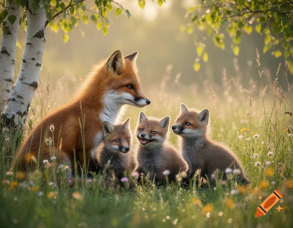 A photorealistic image of a mother fox and three small kits sitting in a sunny, grassy field under birch tree branches.
