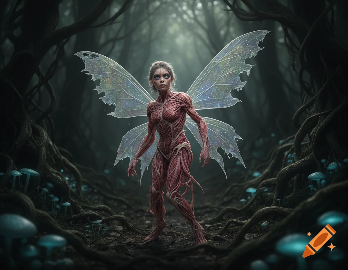 A creepy muscular fairy with translucent wings stands in a dark, mossy forest with glowing blue mushrooms.