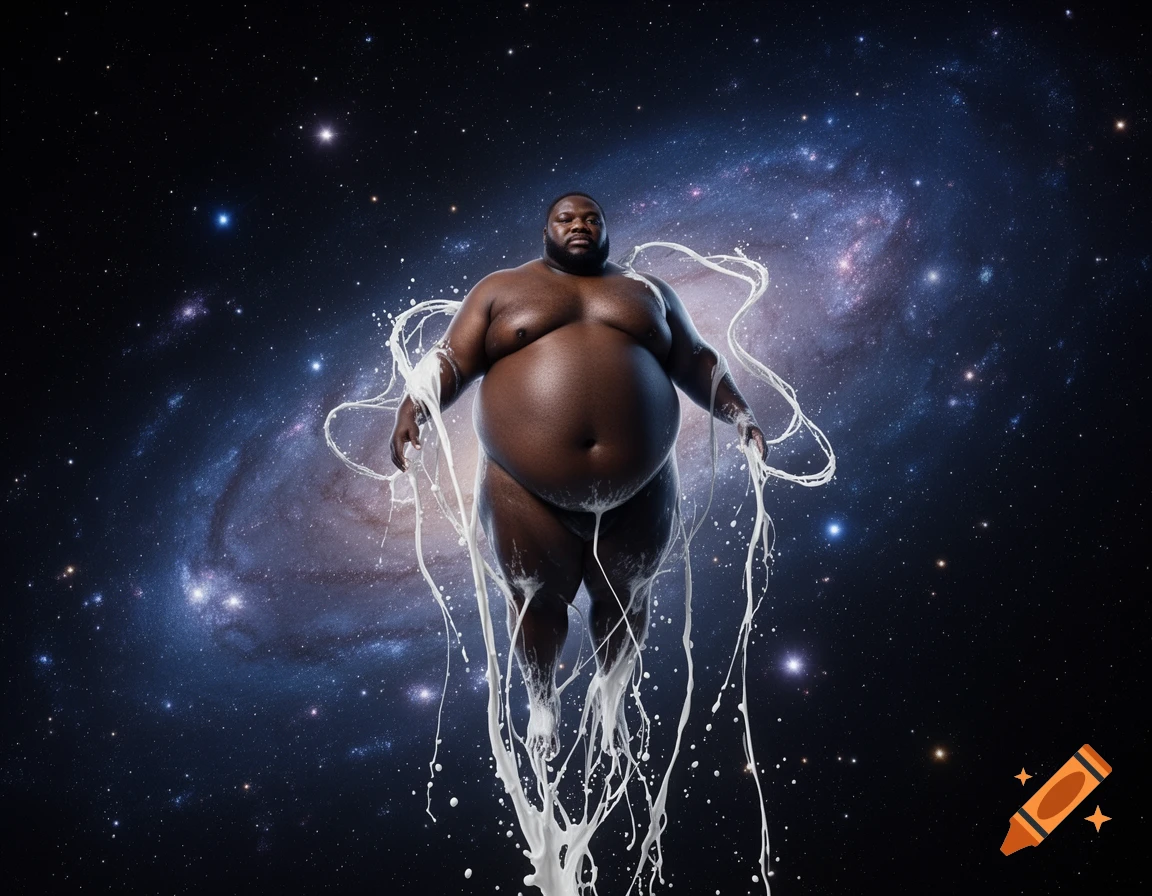 A large, dark-skinned man floats partially nude in deep space, surrounded by streams of white milk, with a galaxy in the background. Photorealistic style.