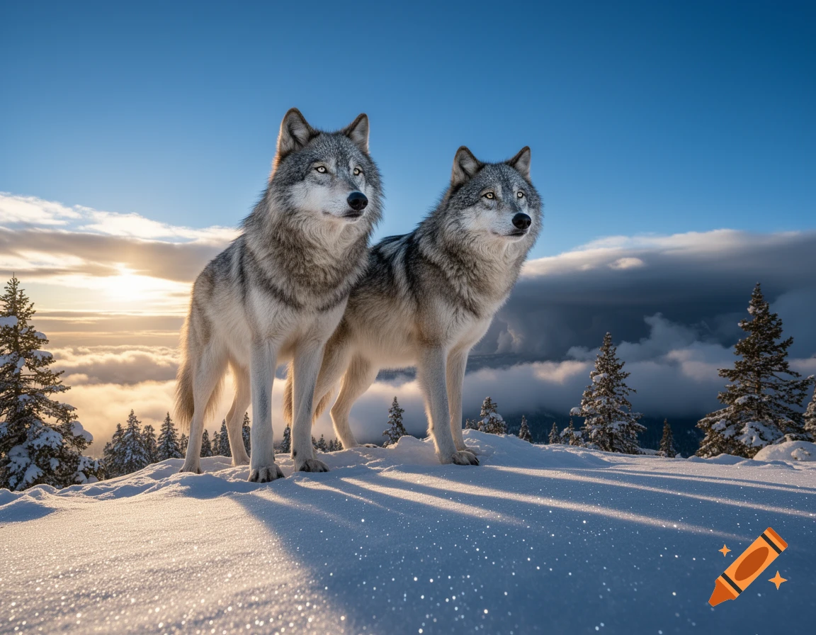 Two majestic grey wolves stand on a snowy mountain peak at sunrise, with snow-covered pine trees and clouds in the background.