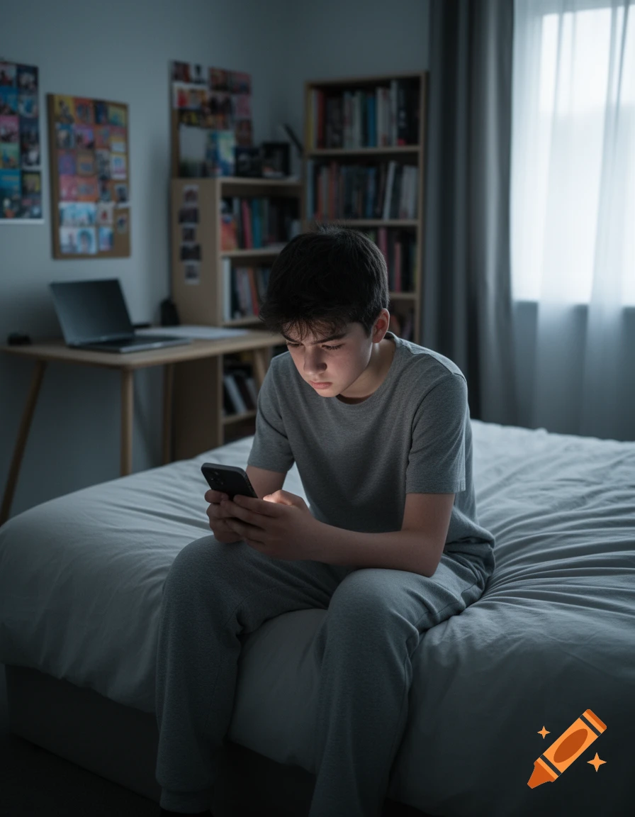 A young person sits on a bed in a dimly lit bedroom, looking down at their phone with a glowing screen.