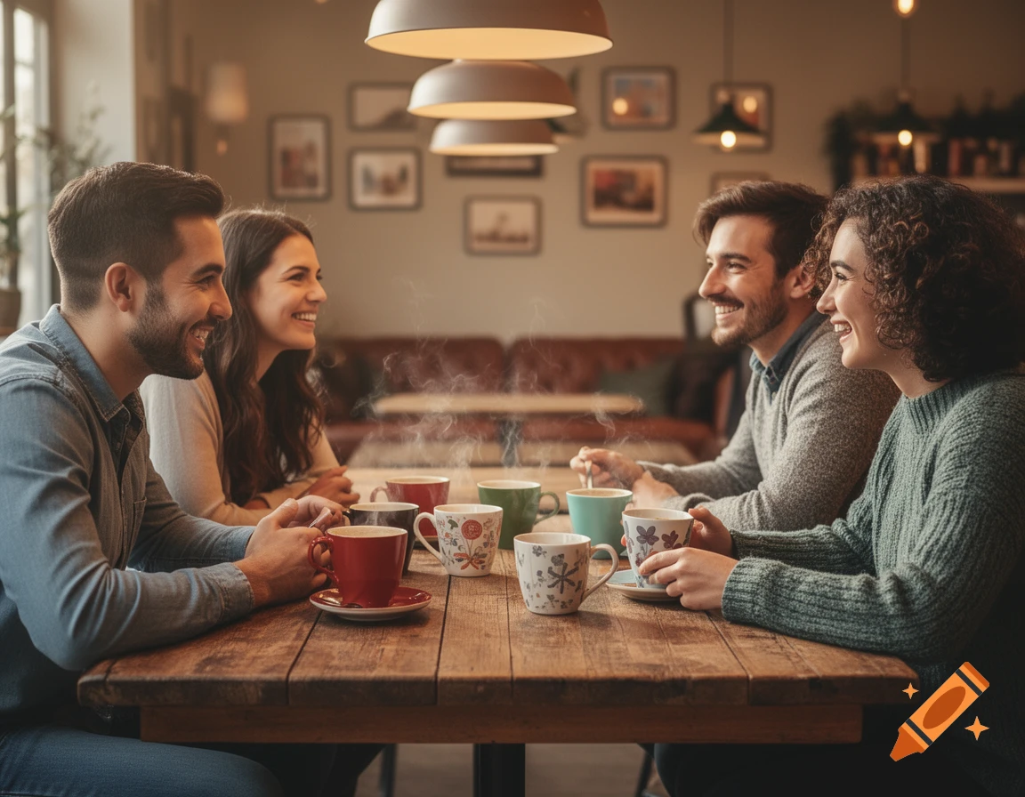 Four smiling friends chatting and drinking coffee in a cozy, warm-lit cafe.