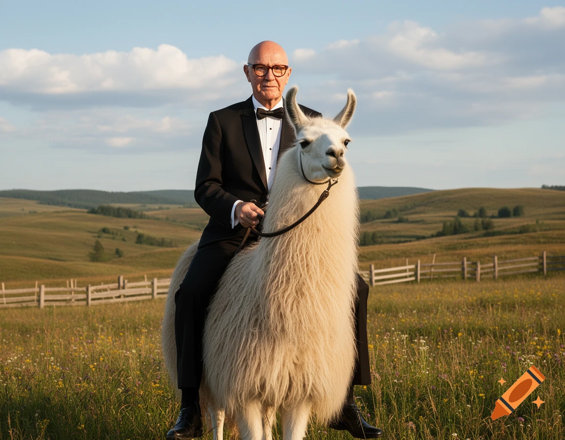 A bald man in a tuxedo rides a fluffy white llama through a grassy countryside field.